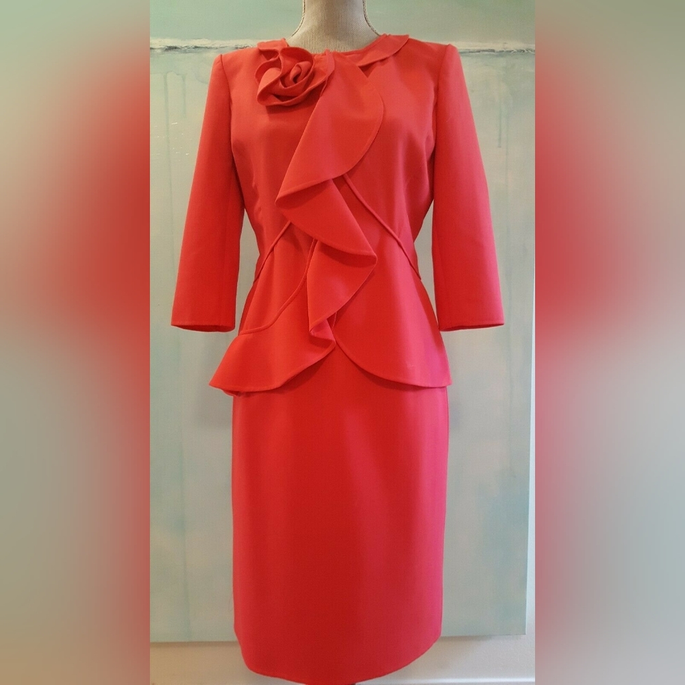 $4,000 OSCAR DE LA RENTA BEAUTIFUL RUFFLE ROSE RED WOOL SKIRT SUIT US 6
